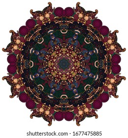 Mandala, tracery wheel mehndi design. Ethnic ornament, colorful doodle symmetry texture. Folk traditional spiritual tribal design. Curved shape, isolated on white. Color art. Vector