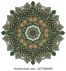 Mandala, tracery wheel mehndi design. Ethnic ornament, colorful doodle symmetry texture. Folk traditional spiritual tribal design. Curved shape, isolated on white. Color art. Vector