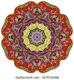 Mandala, tracery wheel mehndi design. Ethnic ornament, colorful doodle symmetry texture. Folk traditional spiritual tribal design. Curved shape, isolated on white. Color art. Vector
