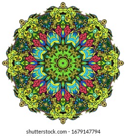 Mandala, tracery wheel mehndi design. Ethnic ornament, colorful doodle symmetry texture. Folk traditional spiritual tribal design. Curved shape, isolated on white. Color art. Vector