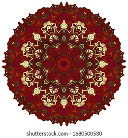 Mandala, tracery wheel mehndi design. Ethnic ornament, colorful doodle symmetry texture. Folk traditional spiritual tribal design. Curved shape, isolated on white. Color art. Vector