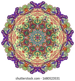 Mandala, tracery wheel mehndi design. Ethnic ornament, colorful doodle symmetry texture. Folk traditional spiritual tribal design. Curved shape, isolated on white. Color art. Vector