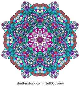 Mandala, tracery wheel mehndi design. Ethnic ornament, colorful doodle symmetry texture. Folk traditional spiritual tribal design. Curved shape, isolated on white. Color art. Vector
