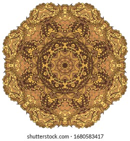 Mandala, tracery wheel mehndi design. Ethnic ornament, colorful doodle symmetry texture. Folk traditional spiritual tribal design. Curved shape, isolated on white. Color art. Vector