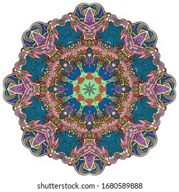 Mandala, tracery wheel mehndi design. Ethnic ornament, colorful doodle symmetry texture. Folk traditional spiritual tribal design. Curved shape, isolated on white. Color art. Vector