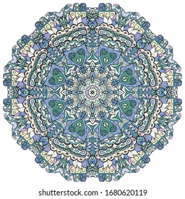 Mandala, tracery wheel mehndi design. Ethnic ornament, colorful doodle symmetry texture. Folk traditional spiritual tribal design. Curved shape, isolated on white. Color art. Vector