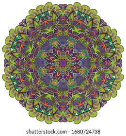 Mandala, tracery wheel mehndi design. Ethnic ornament, colorful doodle symmetry texture. Folk traditional spiritual tribal design. Curved shape, isolated on white. Color art. Vector