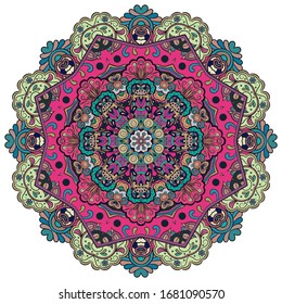 Mandala, tracery wheel mehndi design. Ethnic ornament, colorful doodle symmetry texture. Folk traditional spiritual tribal design. Curved shape, isolated on white. Color art. Vector