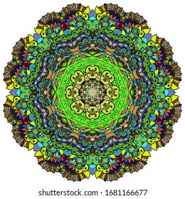 Mandala, tracery wheel mehndi design. Ethnic ornament, colorful doodle symmetry texture. Folk traditional spiritual tribal design. Curved shape, isolated on white. Color art. Vector