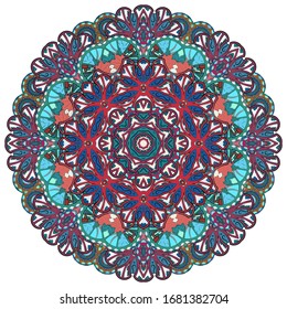 Mandala, tracery wheel mehndi design. Ethnic ornament, colorful doodle symmetry texture. Folk traditional spiritual tribal design. Curved shape, isolated on white. Color art. Vector