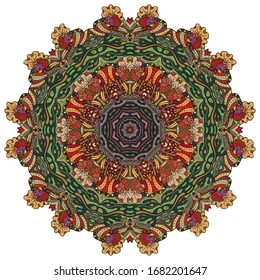 Mandala, tracery wheel mehndi design. Ethnic ornament, colorful doodle symmetry texture. Folk traditional spiritual tribal design. Curved shape, isolated on white. Color art. Vector