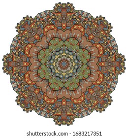 Mandala, tracery wheel mehndi design. Ethnic ornament, colorful doodle symmetry texture. Folk traditional spiritual tribal design. Curved shape, isolated on white. Color art. Vector