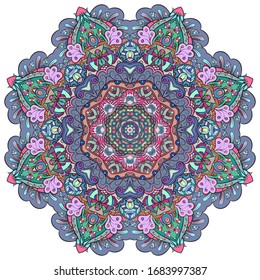 Mandala, tracery wheel mehndi design. Ethnic ornament, colorful doodle symmetry texture. Folk traditional spiritual tribal design. Curved shape, isolated on white. Color art. Vector