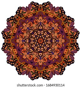 Mandala, tracery wheel mehndi design. Ethnic ornament, colorful doodle symmetry texture. Folk traditional spiritual tribal design. Curved shape, isolated on white. Color art. Vector