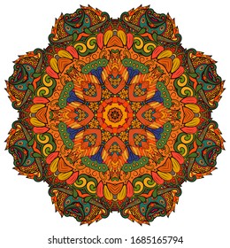 Mandala, tracery wheel mehndi design. Ethnic ornament, colorful doodle symmetry texture. Folk traditional spiritual tribal design. Curved shape, isolated on white. Color art. Vector