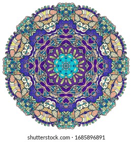 Mandala, tracery wheel mehndi design. Ethnic ornament, colorful doodle symmetry texture. Folk traditional spiritual tribal design. Curved shape, isolated on white. Color art. Vector