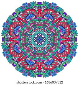 Mandala, tracery wheel mehndi design. Ethnic ornament, colorful doodle symmetry texture. Folk traditional spiritual tribal design. Curved shape, isolated on white. Color art. Vector