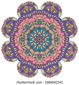 Mandala, tracery wheel mehndi design. Ethnic ornament, colorful doodle symmetry texture. Folk traditional spiritual tribal design. Curved shape, isolated on white. Color art. Vector