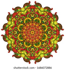 Mandala, tracery wheel mehndi design. Ethnic ornament, colorful doodle symmetry texture. Folk traditional spiritual tribal design. Curved shape, isolated on white. Color art. Vector