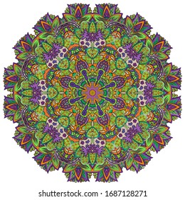 Mandala, tracery wheel mehndi design. Ethnic ornament, colorful doodle symmetry texture. Folk traditional spiritual tribal design. Curved shape, isolated on white. Color art. Vector