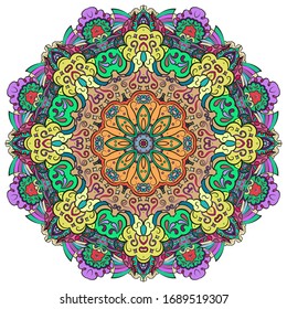 Mandala, tracery wheel mehndi design. Ethnic ornament, colorful doodle symmetry texture. Folk traditional spiritual tribal design. Curved shape, isolated on white. Color art. Vector