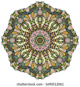 Mandala, tracery wheel mehndi design. Ethnic ornament, colorful doodle symmetry texture. Folk traditional spiritual tribal design. Curved shape, isolated on white. Color art. Vector