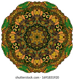 Mandala, tracery wheel mehndi design. Ethnic ornament, colorful doodle symmetry texture. Folk traditional spiritual tribal design. Curved shape, isolated on white. Color art. Vector