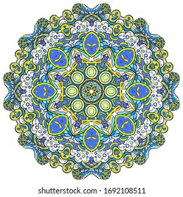 Mandala, tracery wheel mehndi design. Ethnic ornament, colorful doodle symmetry texture. Folk traditional spiritual tribal design. Curved shape, isolated on white. Color art. Vector