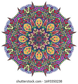 Mandala, tracery wheel mehndi design. Ethnic ornament, colorful doodle symmetry texture. Folk traditional spiritual tribal design. Curved shape, isolated on white. Color art. Vector