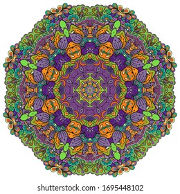 Mandala, tracery wheel mehndi design. Ethnic ornament, colorful doodle symmetry texture. Folk traditional spiritual tribal design. Curved shape, isolated on white. Color art. Vector