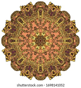 Mandala, tracery wheel mehndi design. Ethnic ornament, colorful doodle symmetry texture. Folk traditional spiritual tribal design. Curved shape, isolated on white. Color art. Vector