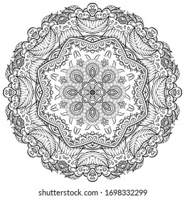 Mandala, tracery wheel mehndi design. Ethnic ornament, doodle symmetry texture. Folk traditional spiritual tribal design. Curved shape, isolated on white. Binary monochrome black and white art. Vector