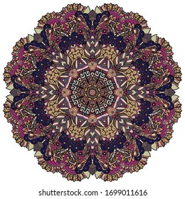 Mandala, tracery wheel mehndi design. Ethnic ornament, colorful doodle symmetry texture. Folk traditional spiritual tribal design. Curved shape, isolated on white. Color art. Vector