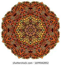 Mandala, tracery wheel mehndi design. Ethnic ornament, colorful doodle symmetry texture. Folk traditional spiritual tribal design. Curved shape, isolated on white. Color art. Vector