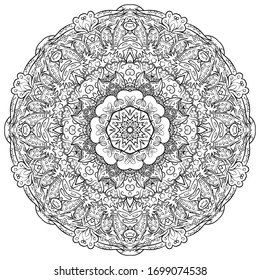 Mandala, tracery wheel mehndi design. Ethnic ornament, doodle symmetry texture. Folk traditional spiritual tribal design. Curved shape, isolated on white. Binary monochrome black and white art. Vector