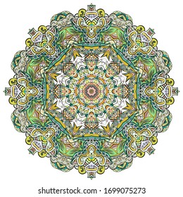Mandala, tracery wheel mehndi design. Ethnic ornament, colorful doodle symmetry texture. Folk traditional spiritual tribal design. Curved shape, isolated on white. Color art. Vector