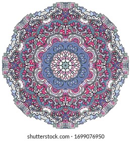 Mandala, tracery wheel mehndi design. Ethnic ornament, colorful doodle symmetry texture. Folk traditional spiritual tribal design. Curved shape, isolated on white. Color art. Vector