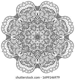 Mandala, tracery wheel mehndi design. Ethnic ornament, doodle symmetry texture. Folk traditional spiritual tribal design. Curved shape, isolated on white. Binary monochrome black and white art. Vector