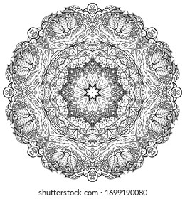 Mandala, tracery wheel mehndi design. Ethnic ornament, doodle symmetry texture. Folk traditional spiritual tribal design. Curved shape, isolated on white. Binary monochrome black and white art. Vector