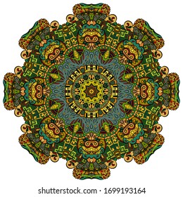 Mandala, tracery wheel mehndi design. Ethnic ornament, colorful doodle symmetry texture. Folk traditional spiritual tribal design. Curved shape, isolated on white. Color art. Vector