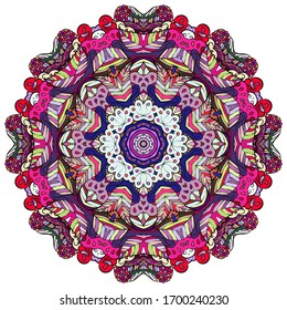 Mandala, tracery wheel mehndi design. Ethnic ornament, colorful doodle symmetry texture. Folk traditional spiritual tribal design. Curved shape, isolated on white. Color art. Vector