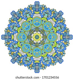 Mandala, tracery wheel mehndi design. Ethnic ornament, colorful doodle symmetry texture. Folk traditional spiritual tribal design. Curved shape, isolated on white. Color art. Vector