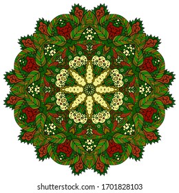 Mandala, tracery wheel mehndi design. Ethnic ornament, colorful doodle symmetry texture. Folk traditional spiritual tribal design. Curved shape, isolated on white. Color art. Vector
