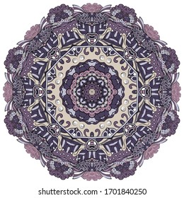 Mandala, tracery wheel mehndi design. Ethnic ornament, colorful doodle symmetry texture. Folk traditional spiritual tribal design. Curved shape, isolated on white. Color art. Vector