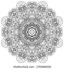 Mandala, tracery wheel mehndi design. Ethnic ornament, doodle symmetry texture. Folk traditional spiritual tribal design. Curved shape, isolated on white. Binary monochrome black and white art. Vector