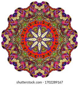 Mandala, tracery wheel mehndi design. Ethnic ornament, colorful doodle symmetry texture. Folk traditional spiritual tribal design. Curved shape, isolated on white. Color art. Vector