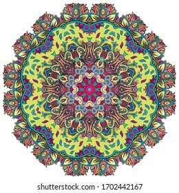 Mandala, tracery wheel mehndi design. Ethnic ornament, colorful doodle symmetry texture. Folk traditional spiritual tribal design. Curved shape, isolated on white. Color art. Vector