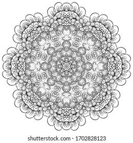 Mandala, tracery wheel mehndi design. Ethnic ornament, doodle symmetry texture. Folk traditional spiritual tribal design. Curved shape, isolated on white. Binary monochrome black and white art. Vector