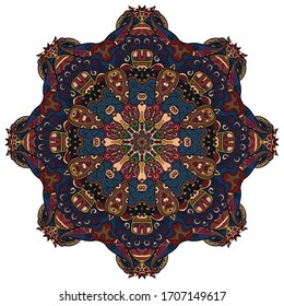 Mandala, tracery wheel mehndi design. Ethnic ornament, colorful doodle symmetry texture. Folk traditional spiritual tribal design. Curved shape, isolated on white. Color art. Vector