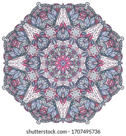 Mandala, tracery wheel mehndi design. Ethnic ornament, colorful doodle symmetry texture. Folk traditional spiritual tribal design. Curved shape, isolated on white. Color art. Vector